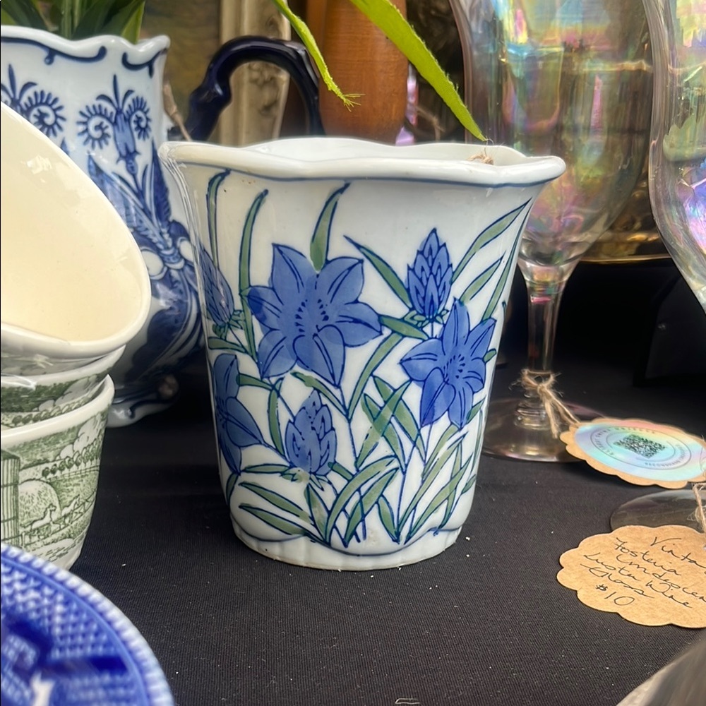 Vintage Floral Blue, White and Green Ceramic Vase